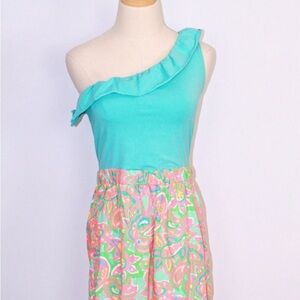 Lilly Pulitzer Aqua One-Shoulder Ruffle Mini Dress with Pink Green Print
